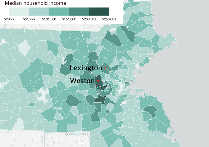 Median household income by ZIP code in Massachusetts. Some of the state’s wealthiest communities, in the transit-accessible suburbs of greater Boston, have also been the greatest beneficiaries of the state’s electric vehicle subsidy programs. Via Streetsblog Mass