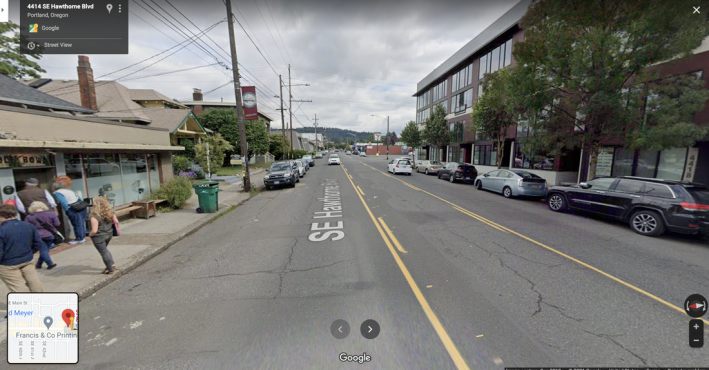 Unlike most proposed street redesigns which only exist in conceptual renderings, you can visit Hawthorne east of Cesar Chavez for yourself and directly observe how unsafe and unpleasant this design is. Notice the person biking on the sidewalk.