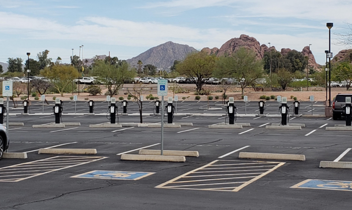 Parking lot at Phoenix Municipal Stadium with electric-car-charging ports. Source: u/tudrewser, Reddit.
