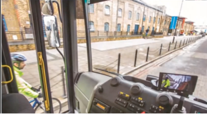 The view from the driver's seat of a "direct vision" bus.