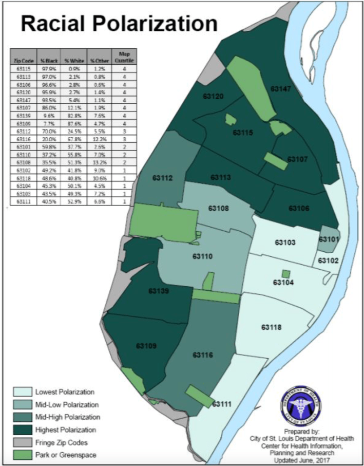 A map of racial polarization in St.Louis. Image via Brookings