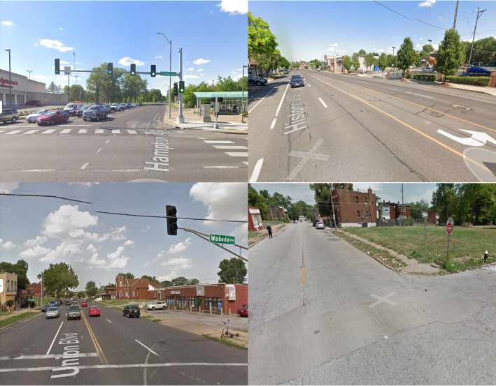Four Google Streetview images of the approximate sites of recent crashes.