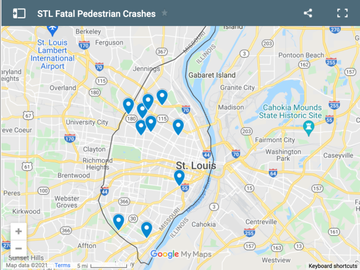 The approximate locations of the last 11 weeks of St. Louis pedestrian crashes. Click here for an interactive version.