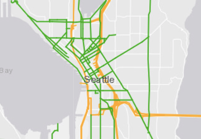 The above map shows non-state (green) and state (yellow) national highway roads in Downtown Seattle. Graphic: Washington Department of Transportation