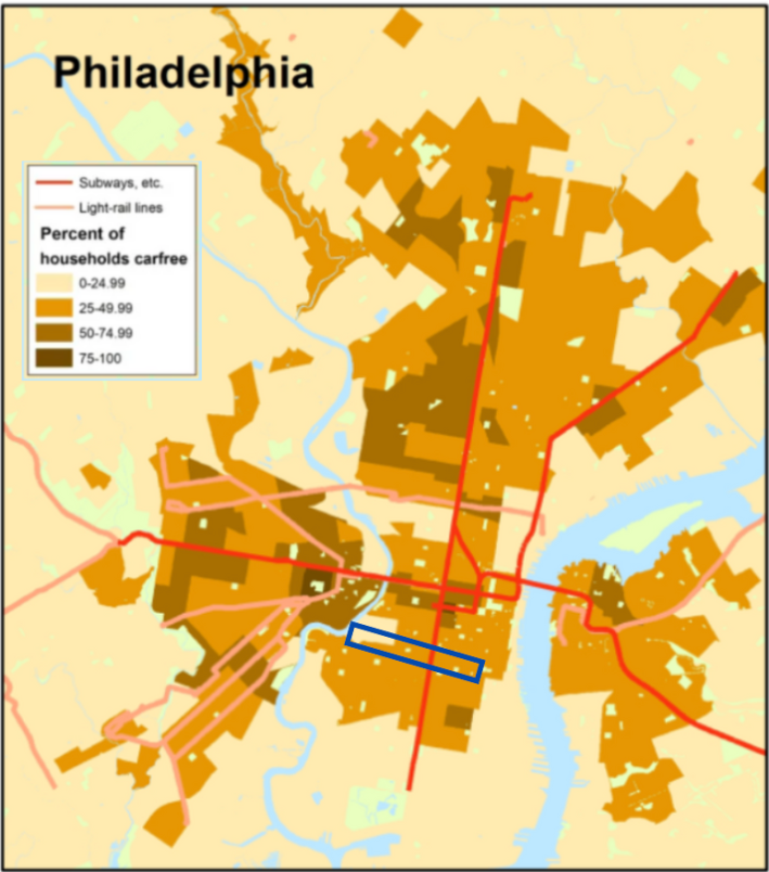 A map of Philadelphia census tracts with high concentrations of car-free households; neighborhoods adjacent to Washington Avenue highlighted in blue. Original map by Chris Winters.