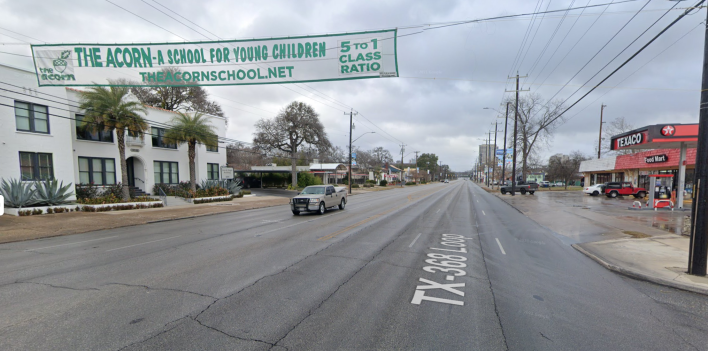 A typical segment of seven-lane Broadway avenue, via Google Maps. This section sits astride an elementary school.
