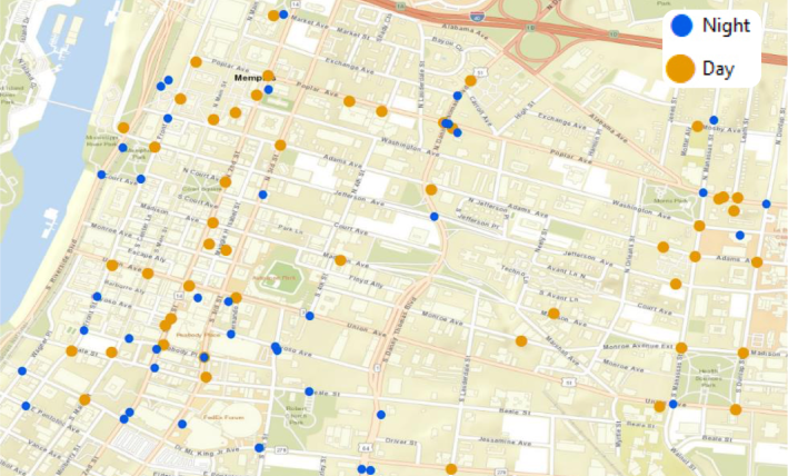 A conventional map of night-time vs. daytime crashes in Memphis, not accounting for dusk or dawn, via Evari