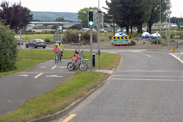 A roundabout bike lane in Dungavaran, Ireland. Photo: David Dixon, CC