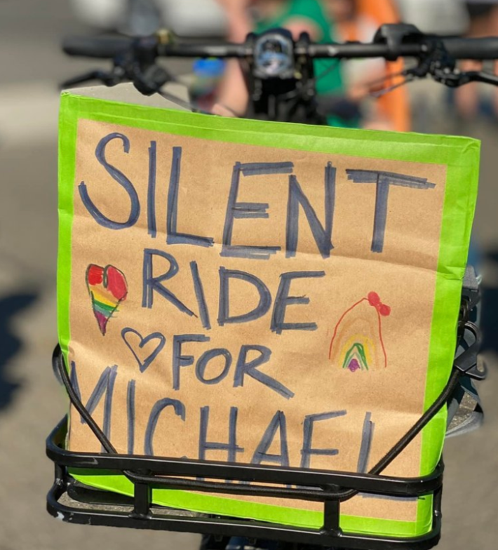 A sign at the silent bike ride for Michael. Photo: Carla Gramlich