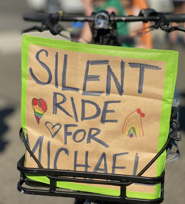 A sign at the silent bike ride for Michael. Photo: Carla Gramlich