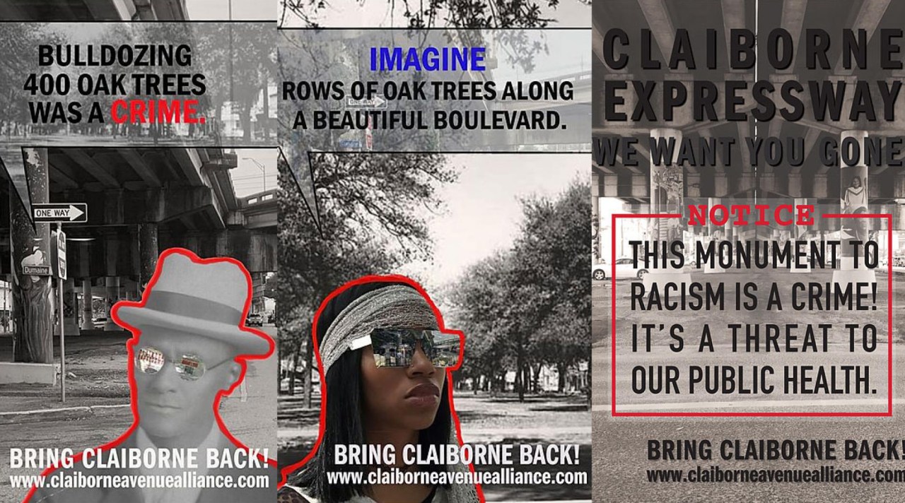New Orleans activist Amy Stelly put these posters up under the Claiborne Avenue Expressway. Now, Louisiana DOT is proposing to use Reconnecting Communities dollars to beautify the space under the overpass — but leave the highway intact. Graphic: Amy Stelly