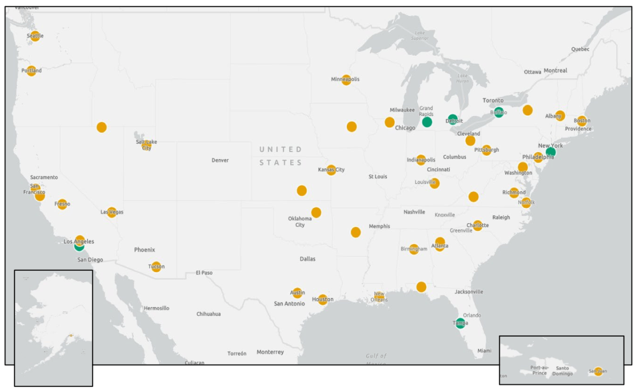 The 2023 Reconnecting Communities Program grant recipients. Capital Grants noted in green, planning grants in orange. Graphic: USDOT