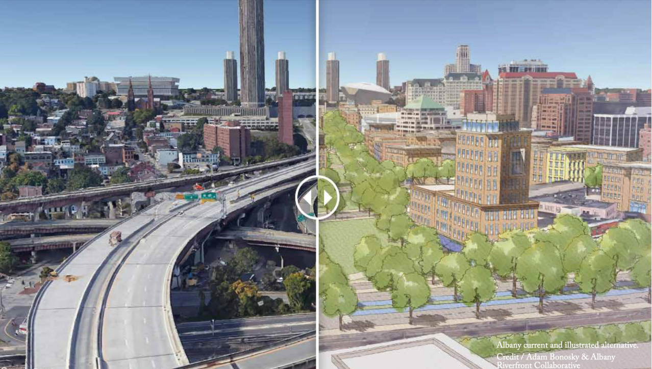 Albany's I-787 today and a proposed alternative. Graphics: Adam Bonosky and Albany Riverfront Collaborative