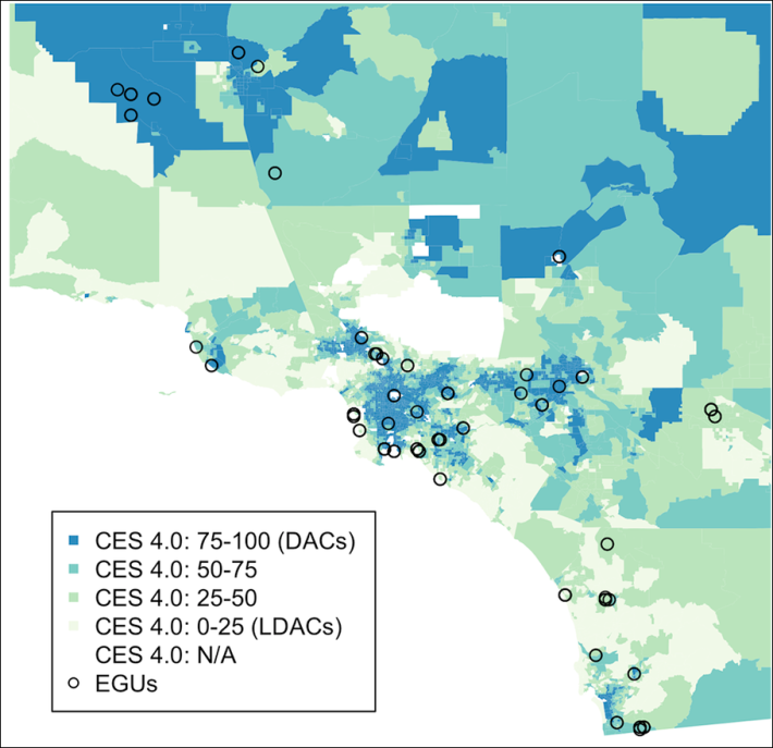 Power plant distribution in Southern California. The areas of the greatest poverty are in the darkest shade. Click to enlarge.