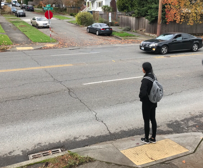 This intersection, which lacks pedestrian infrastructure like a crosswalk or signal, is MUTCD-compliant.