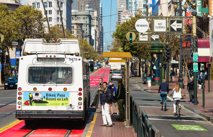 A bus boarding island and protected bike lane in San Francisco, California.