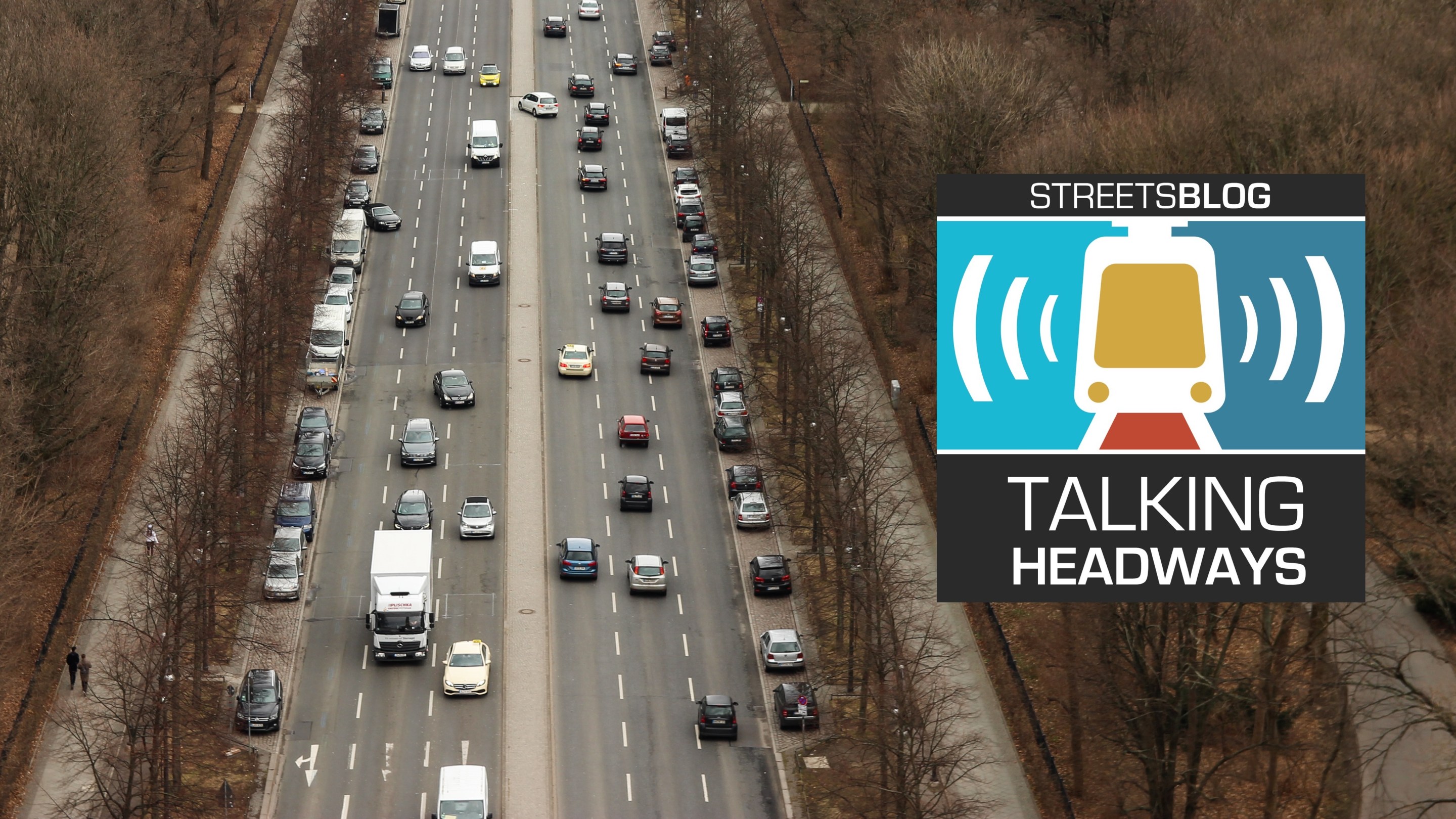 A road full of cars with an inset Talking Headways logo