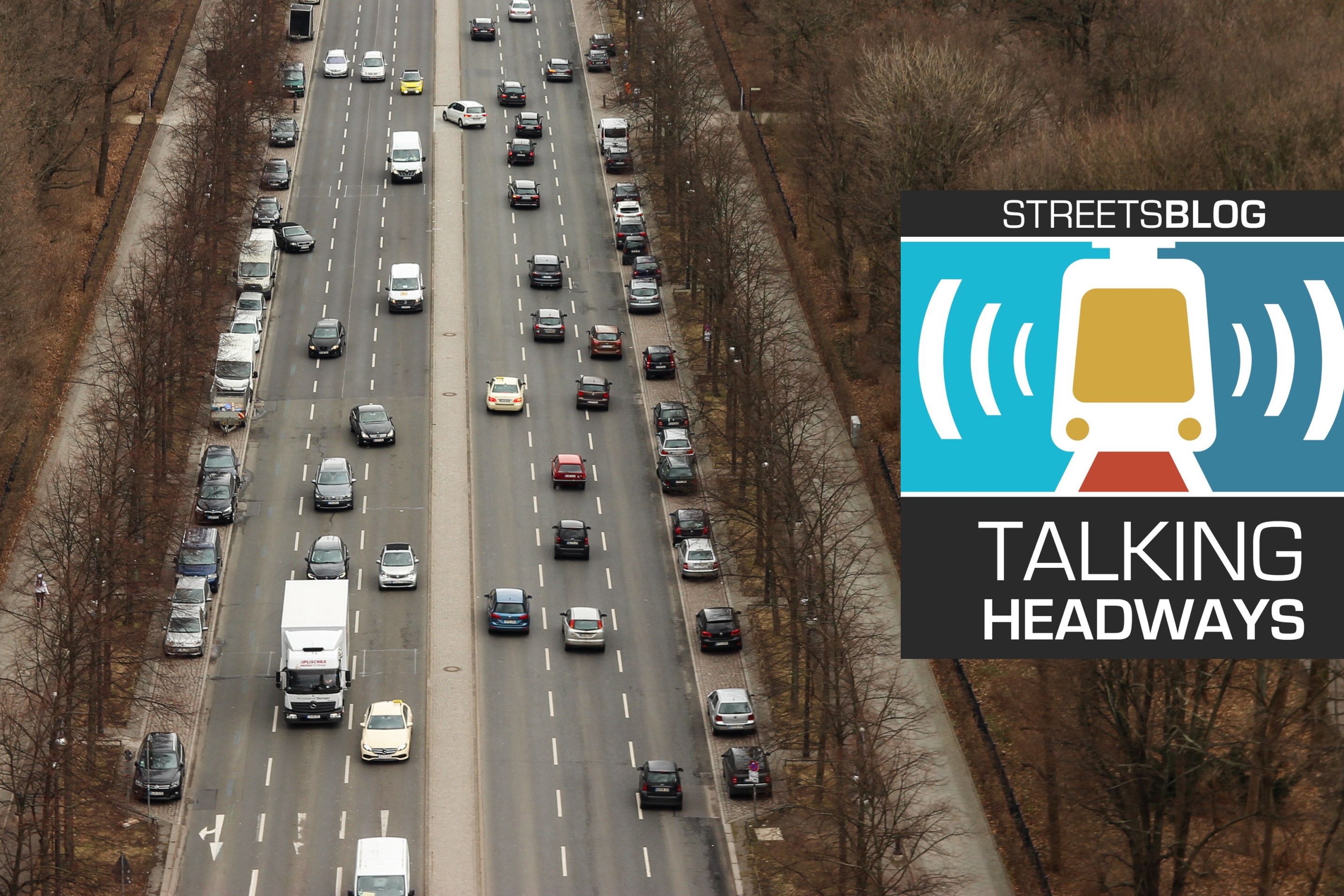 A road full of cars with an inset Talking Headways logo